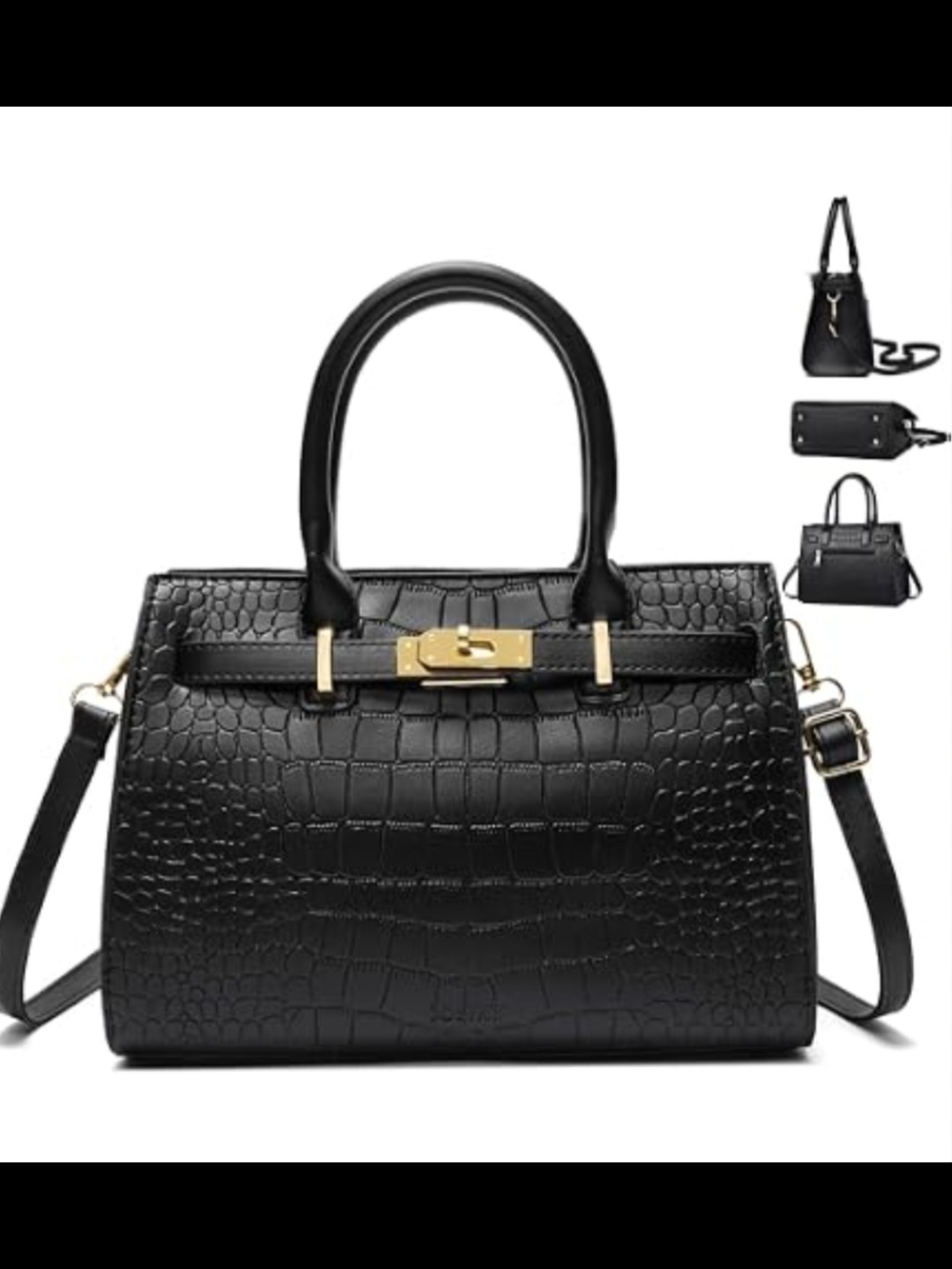 Croc-Embossed Black Structured Satchel Handbag - Picture 4 of 8